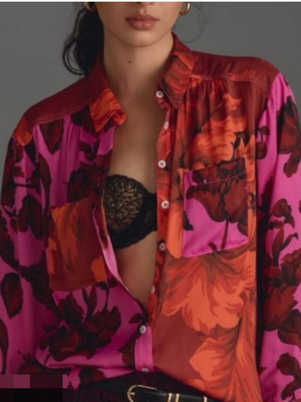 Anthropologie Pink and Orange Floral Color Block Button-Down Shirt